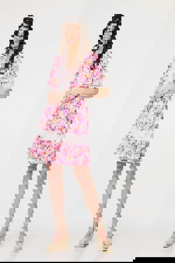 White | Floral Lace 1/2 Sleeve Short Dress