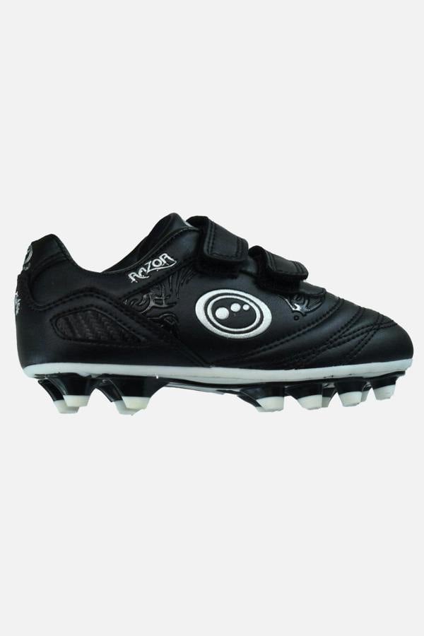 Black and white Optimum Razor junior football boot with hook-and-loop straps, side view - Optimum
