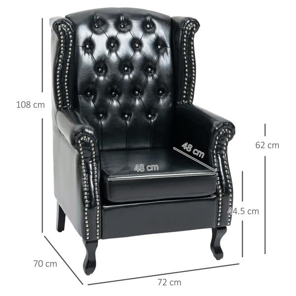 Black wingback accent chair with tufted back and nailhead trim, size dimensions shown