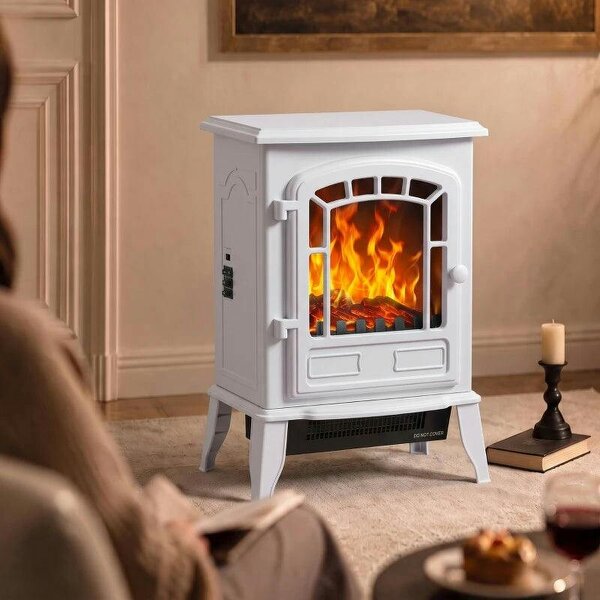 Electric Fireplace Stove, 1000W/2000W, Freestanding Electric Fire with LED Flame Effect, Adjustable Thermostat, White