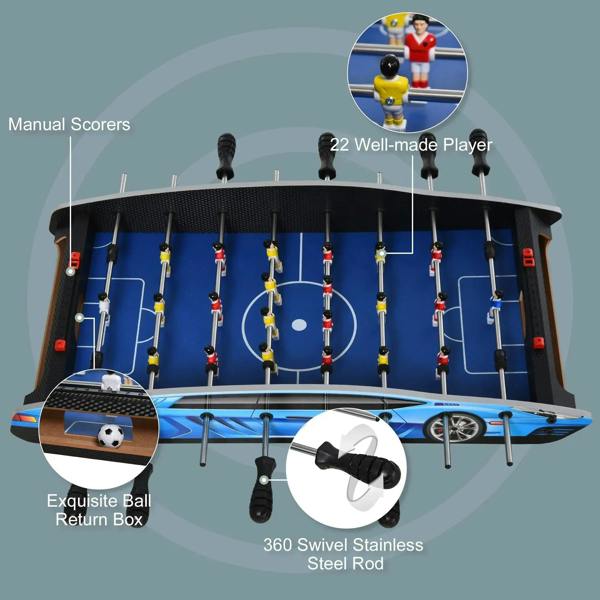 Blue foosball tabletop featuring ball return box, manual scoring area, and swivel steel rods