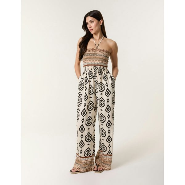 Blue Vanilla Print Strapless Bandeau Shirred Jumpsuit