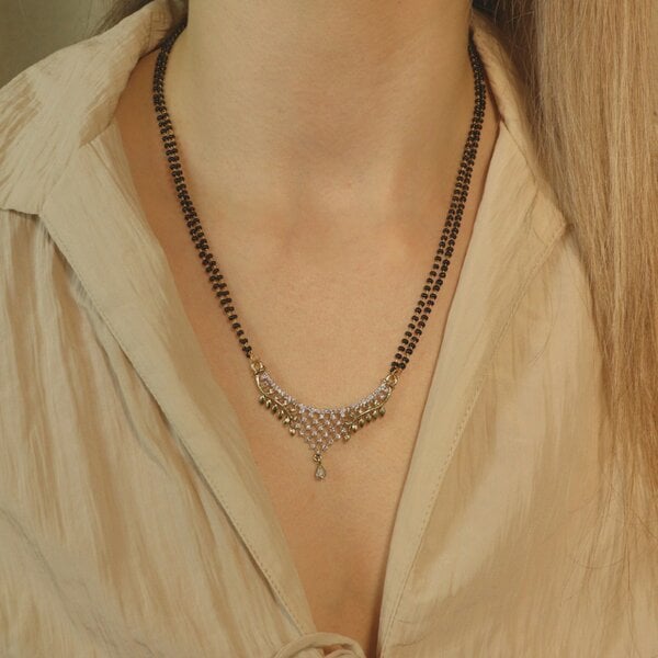 The Colourful Aura Indian Nazaria Gold Leaf Floral Zircon Mangalsutra Black Beads Pendant Necklace