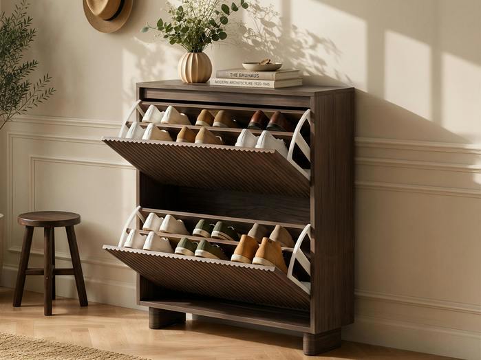 SOLACE+CO Velmor Slim Ribbed 2 Drawer Tilt Out Shoe Cabinet -Walnut