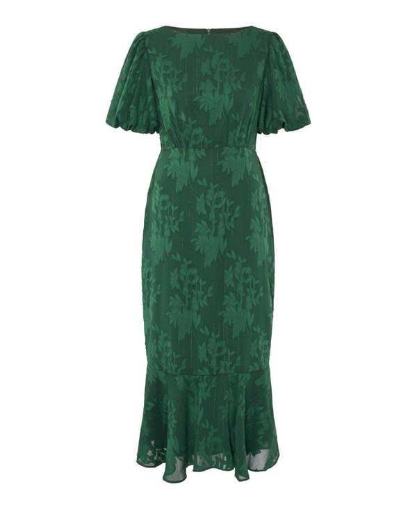 Needs No Label Forest Green Jacquard Puff Sleeve Midi Dress