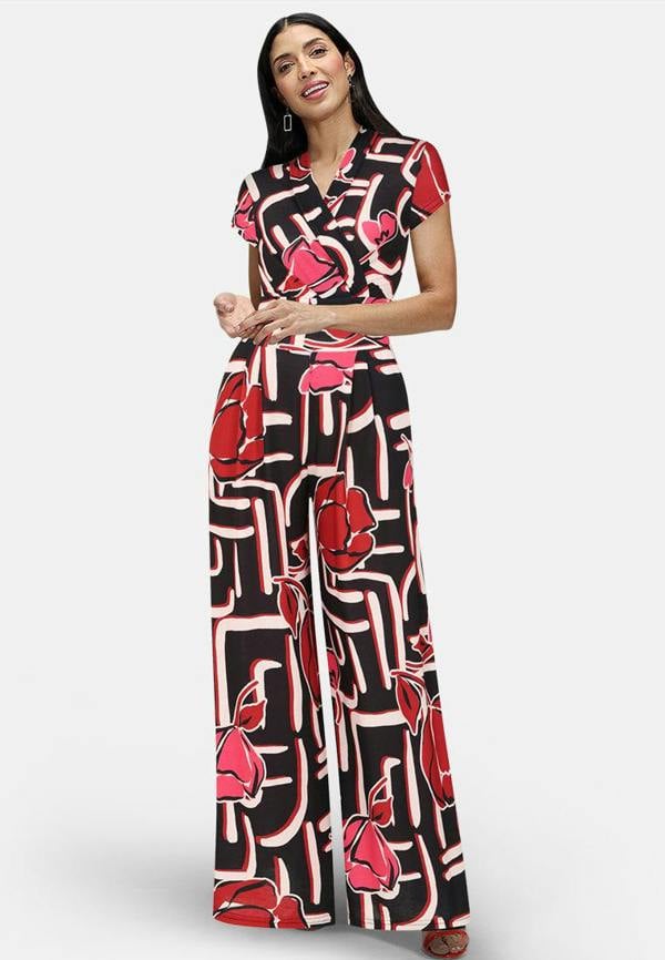 HotSquash V Neck Wide Leg Jumpsuit with Cap Sleeves