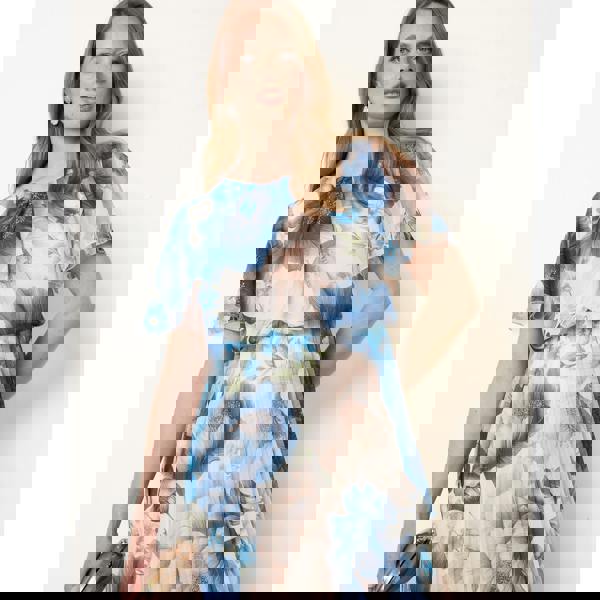 Blue Vanilla Pleated Scoop Neck Short Sleeve Floral Dress