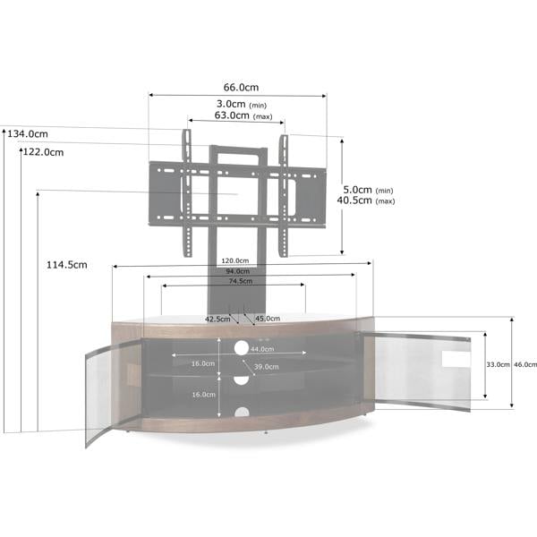 Homeology PANGEA Black/Walnut Beam-Thru Curved True-Corner 32"-50" TV Cabinet with Mounting Arm