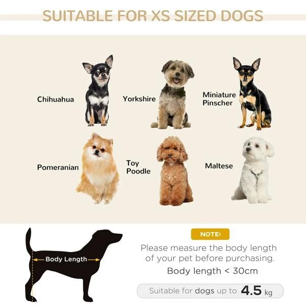 Pet sofa bed for XS dogs size guide with dog silhouettes and weight note