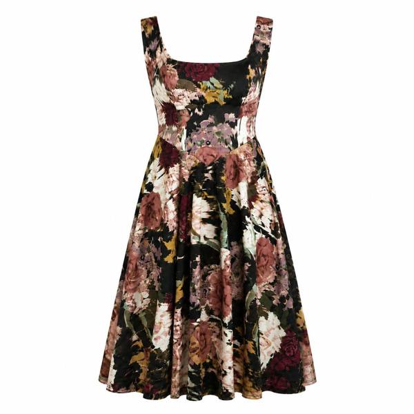 The Sarvin Golha Floral Corset Dress is a sleeveless, knee-length skater dress with a fitted bodice and flared skirt, crafted from premium jersey featuring burgundy, pink, and green florals on black.
