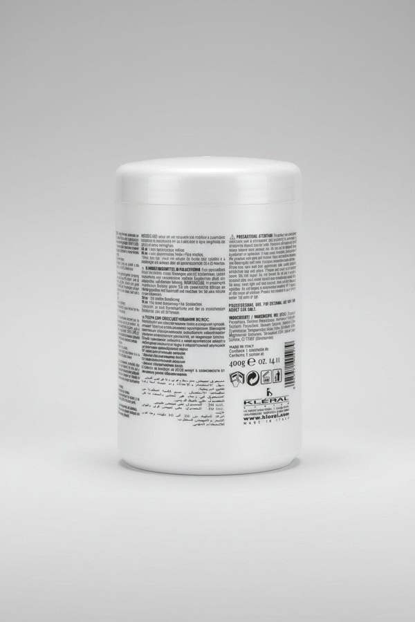 Back label of a hair product container with text and branding