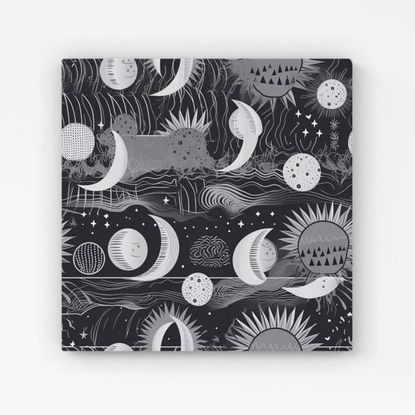 Warren Reed Abstract Black White Moon and Sun Canvas