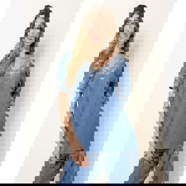 Blue Vanilla Floral Embroidery V Neckline Top