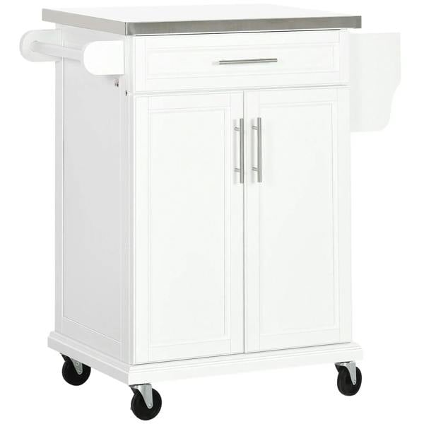 White kitchen island serving cart with stainless top, drawer, cabinet doors, and side rack