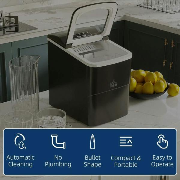 Black countertop ice cube machine with open lid and built-in scoop holder area