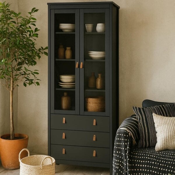 Wyld Haus Wildberry Matt Black Wooden China Cabinet 2 Glass Doors with 3 Drawers Leather Handles