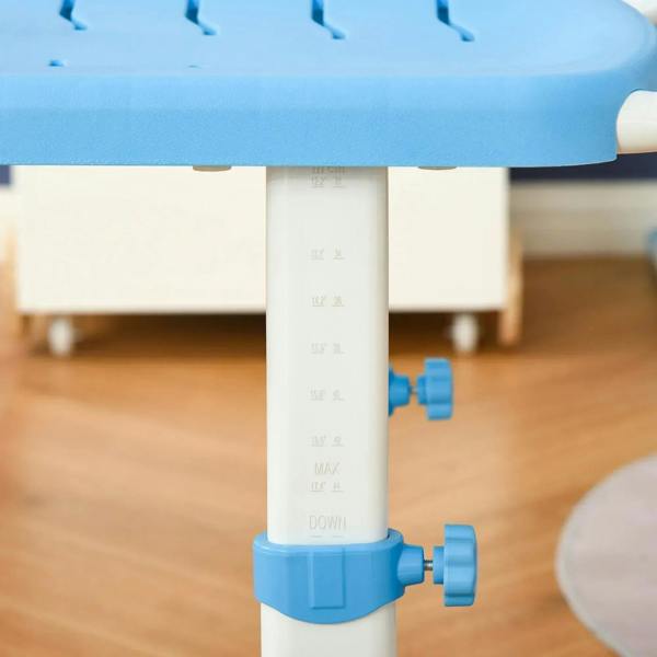 Blue height-adjustment column on a kids desk and chair set with labeled height marks.