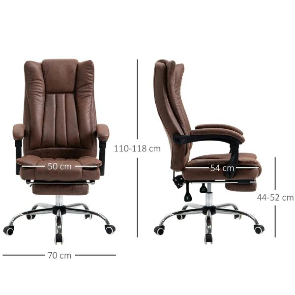Brown reclining desk chair showing front and side views of padded back and footrest