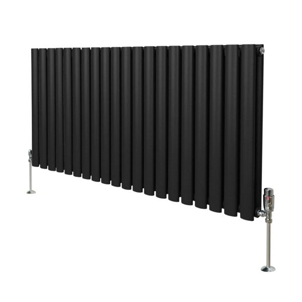 Sleek black oval column radiator with vertical fins, measuring 600mm x 1200mm, featuring modern valves and a smooth matte finish