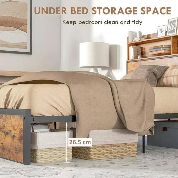 Rustic brown double bed frame with open under-bed storage space and slatted base