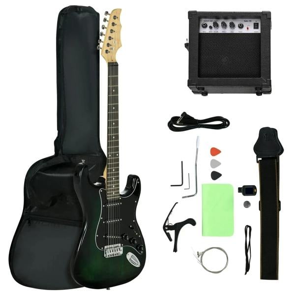 Electric guitar set with soft case, 15W amplifier, cables, picks, and accessories