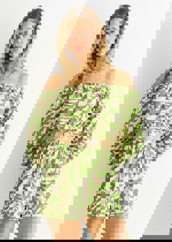 Gini London Green  Abstract Belted Bardot Viscose Playsuit