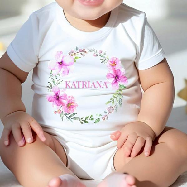 Personalised Pink Floral Wreath Baby Grow, Vest or Bib with Name