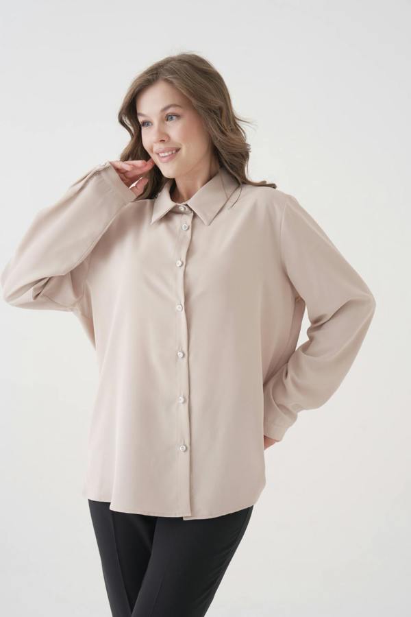 Hoxton Gal Oversized Long-Sleeves Pointed Collar Neckline Blouse in Beige