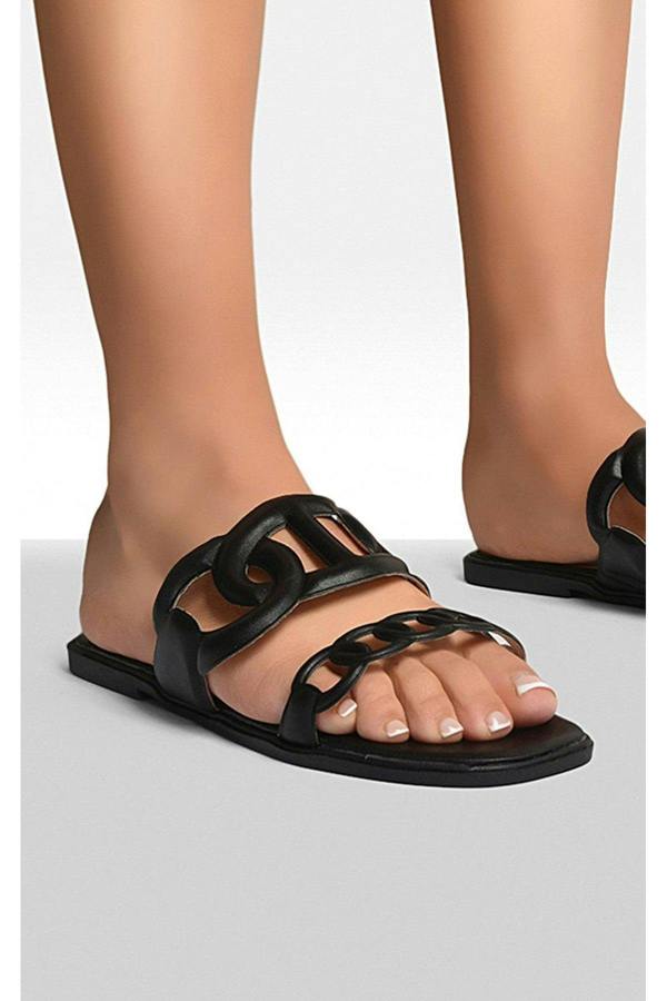 Betty Comfortable Flat Sandals With Double Leather Chain - Black