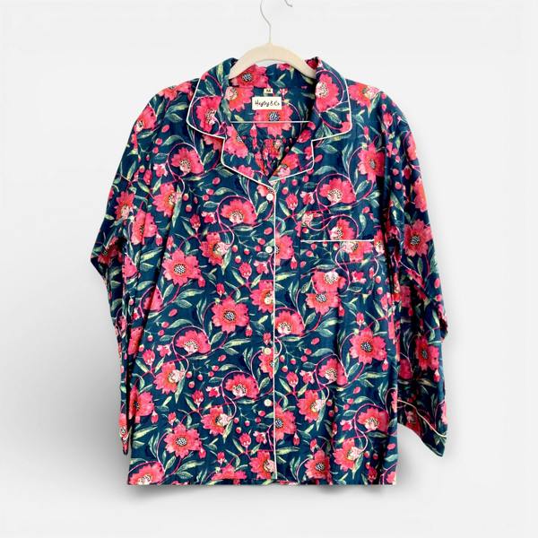 Hayley & Co Navy and Pink Block Print Floral 100% Cotton Long Pyjama Set