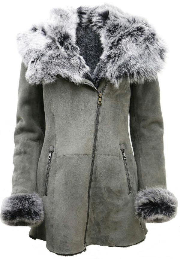 Infinity Leather Womens Grey Suede Hooded Merino Sheepskin Coat-Monrovia