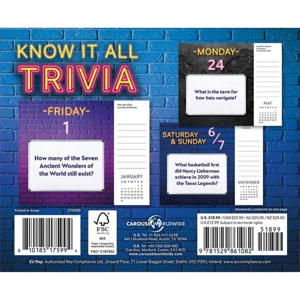 Know it All Trivia Desk Calendar 2027, Desk Calendars, Day To View, Entertainment, Gift