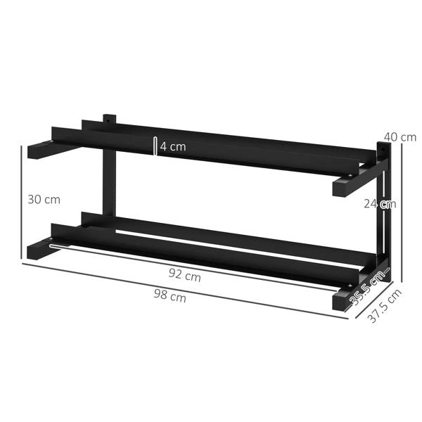 Wall-mounted 2-tier dumbbell rack with sturdy black steel frame and side supports