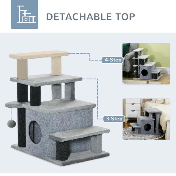 Grey cat steps with detachable top platform and round house doorway