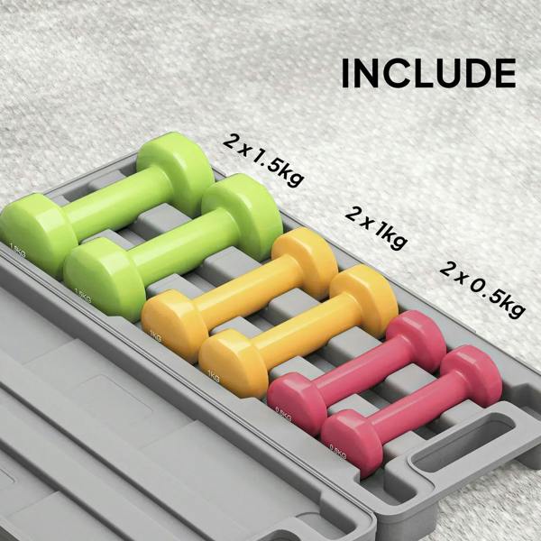 Rubber hex dumbbells in green, yellow, and pink inside gray storage tray