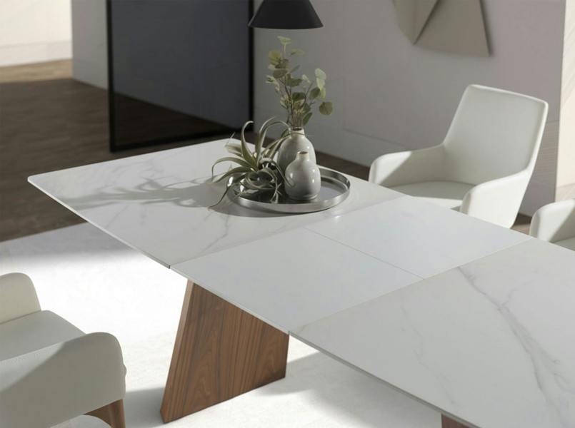 Angel Cerdá Oval Barrel porcelain marble and walnut extending dining table 1134
