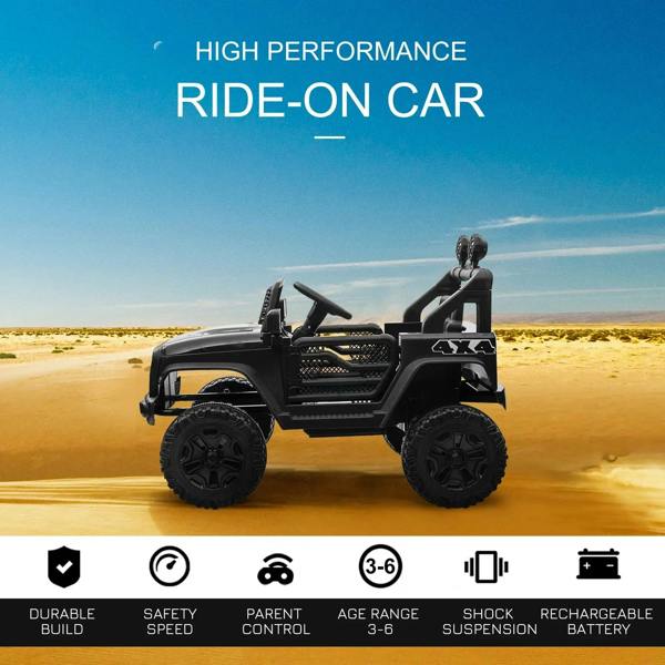 Black kids electric ride-on car with two seats, front grill lights, and chunky tires
