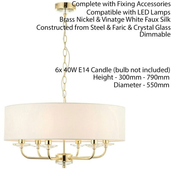 Multi Light Ceiling Pendant 6 Bulb BRASS & WHITE Chandelier Large Shade Lamp Loops