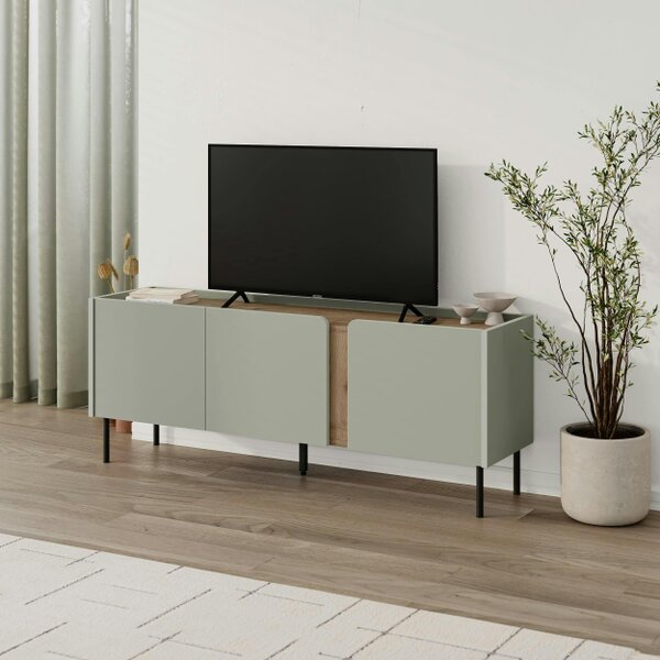 Decortie Modern 140cm TV Stand Unit Up to 50" TVs, 3 Soft-Close Door, 5 Storage Cabinet Shelves, Metal Legs - Natural Oak and Ash Green