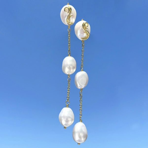 Gold vermeil drop earrings by LENAE London featuring three baroque pearls.