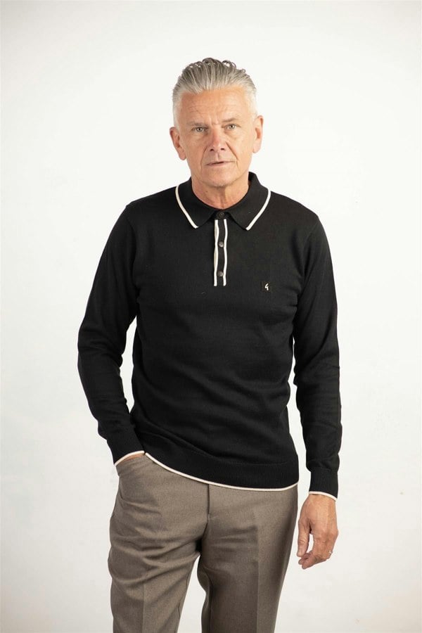 Gabicci V00GM09S Mens Lineker Long Sleeve Knitted Polo Gabicci Vintage - BLACK