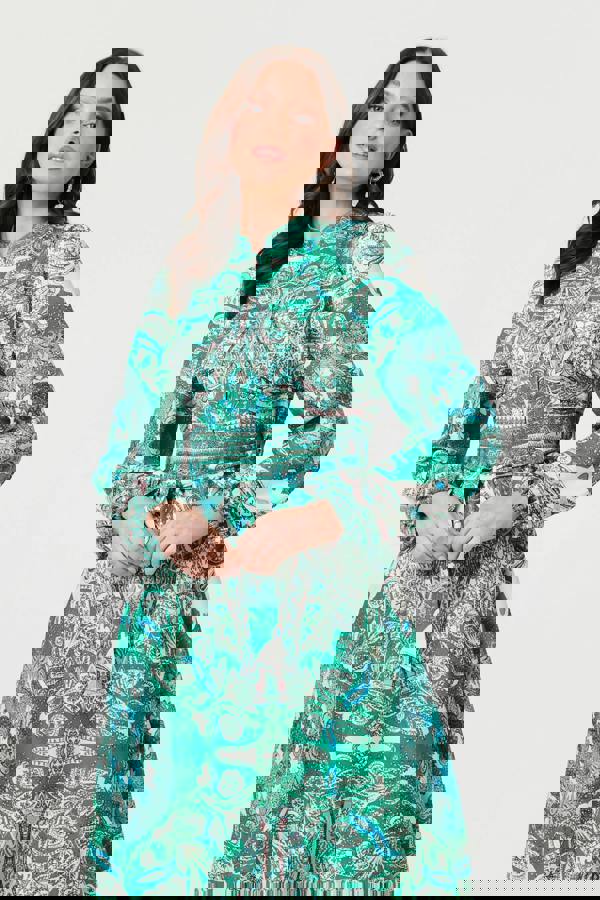 Green | Printed Long Sleeve Tie Midi Dress