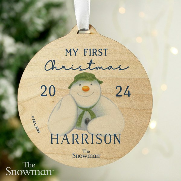 Personalised Memento Company Personalised The Snowman My First Christmas Round Wooden Decoration