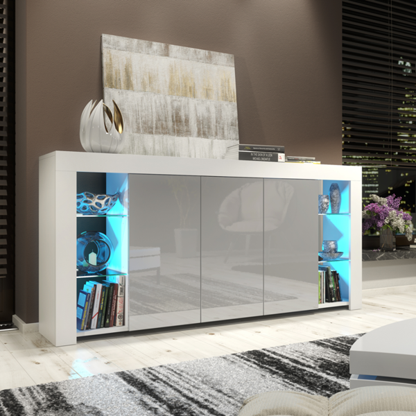 Mex Furniture Exclusive 164cm Cabinet Cupboard Sideboard TV Unit High Gloss Grey Doors & Free LED