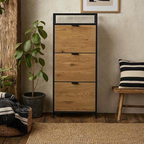 Wyld Haus Taipei Black and Oak Wood 3 Drawer Shoe Cabinet