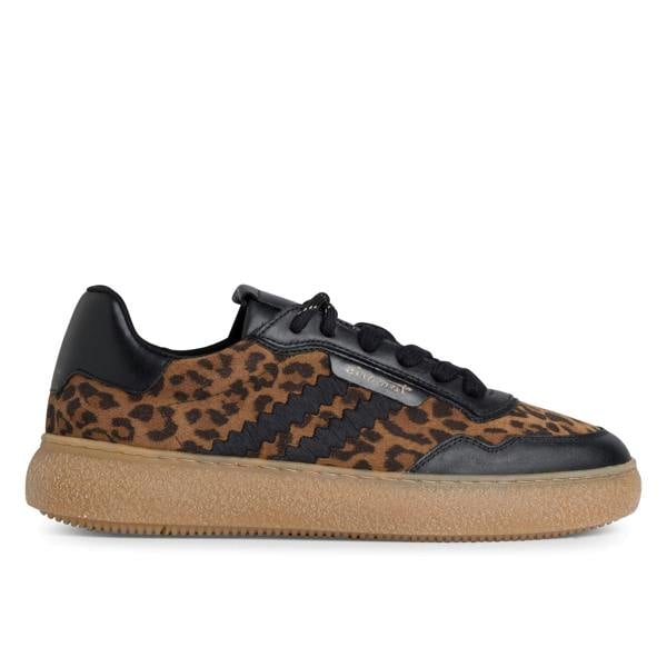 Tamaris Womens Leopard Black Leather Fashion Stripe Lace Up Sneakers