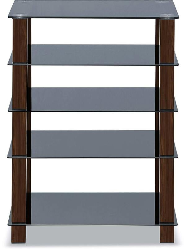 Homeology TRINITY Gloss Black 5 Shelf with Walnut Legs Flat Screen TV Rack Glass Stand