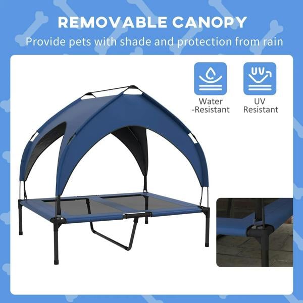 Dark blue elevated dog bed with removable canopy and raised breathable mesh platform