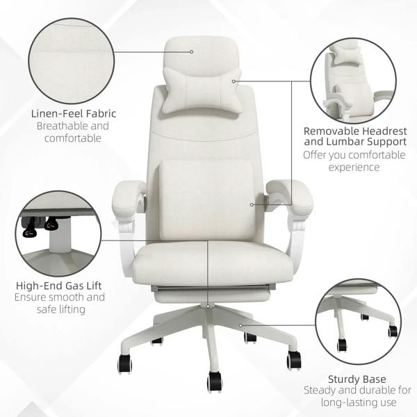 White reclining office chair with removable headrest, linen-feel fabric, and sturdy base