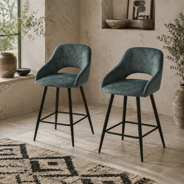 Wyld Haus Lona Bale Set Of 2 Blue Velvet Fabric Counter H8 Bar Chairs With Steel Legs